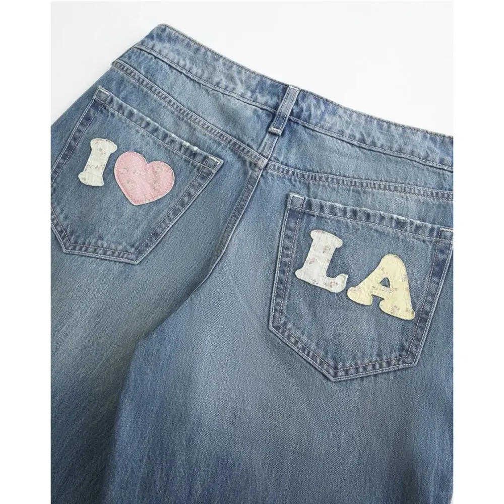 Hollister Low Rise Medium Wash Los Angeles Graphic Baggy Jeans Size 0R Waist 25